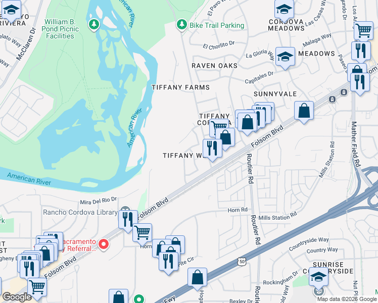 map of restaurants, bars, coffee shops, grocery stores, and more near 9958 Stirling Park Drive in Sacramento