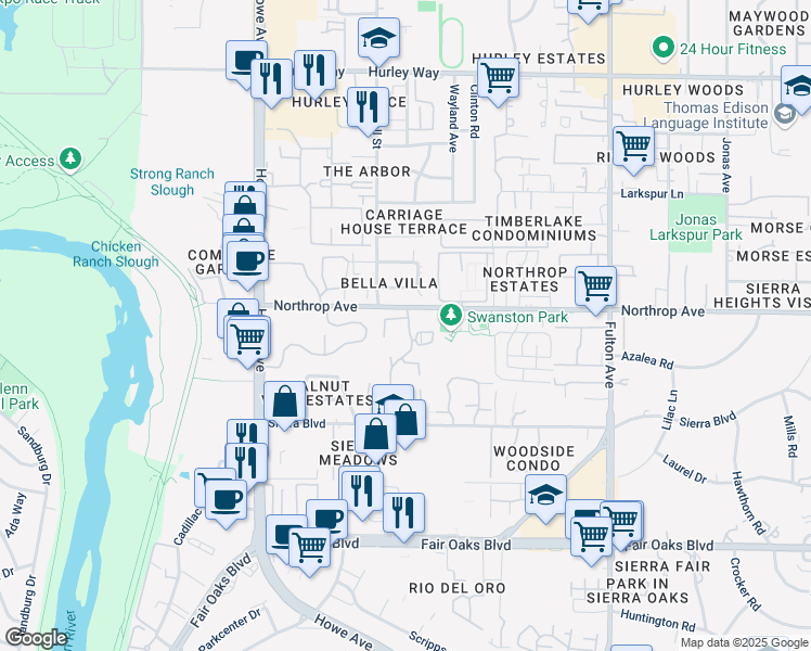 map of restaurants, bars, coffee shops, grocery stores, and more near 899 Woodside Lane East in Sacramento