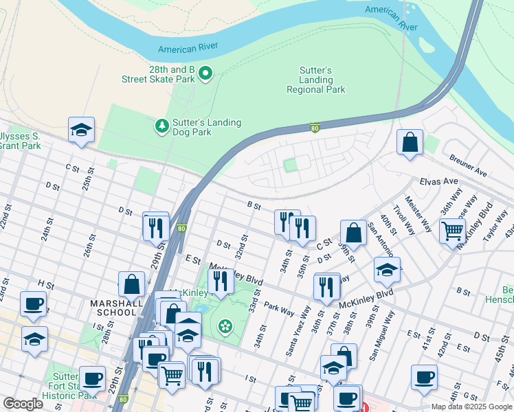map of restaurants, bars, coffee shops, grocery stores, and more near 3156 Dullanty Way in Sacramento