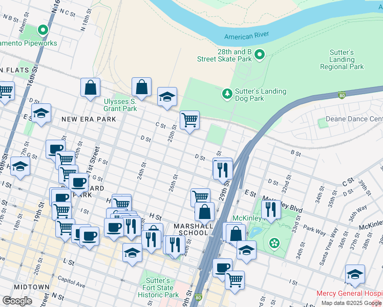 map of restaurants, bars, coffee shops, grocery stores, and more near 317 26th Street in Sacramento