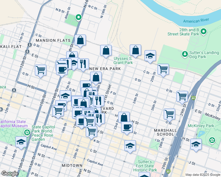 map of restaurants, bars, coffee shops, grocery stores, and more near 507 21st Street in Sacramento