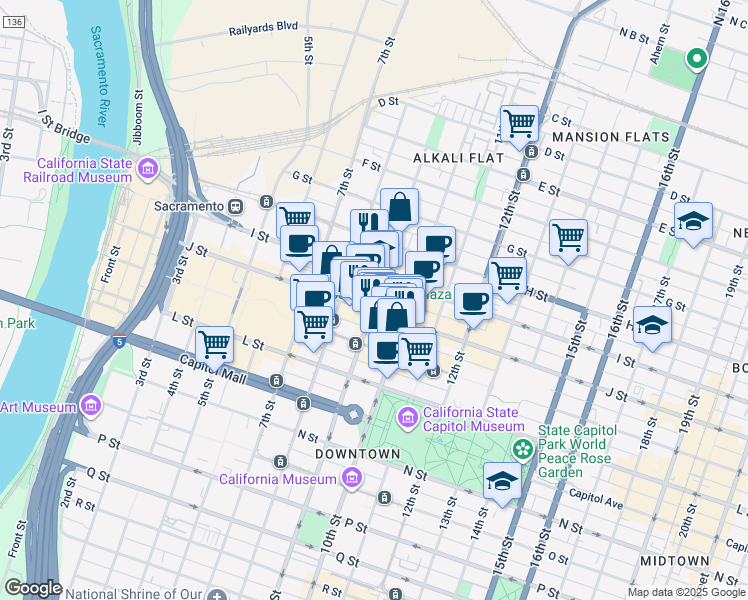 map of restaurants, bars, coffee shops, grocery stores, and more near in Sacramento