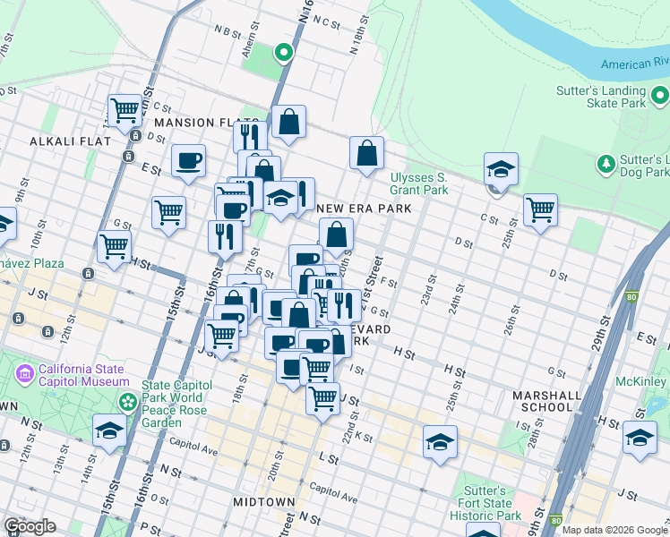 map of restaurants, bars, coffee shops, grocery stores, and more near 1926 F Street in Sacramento
