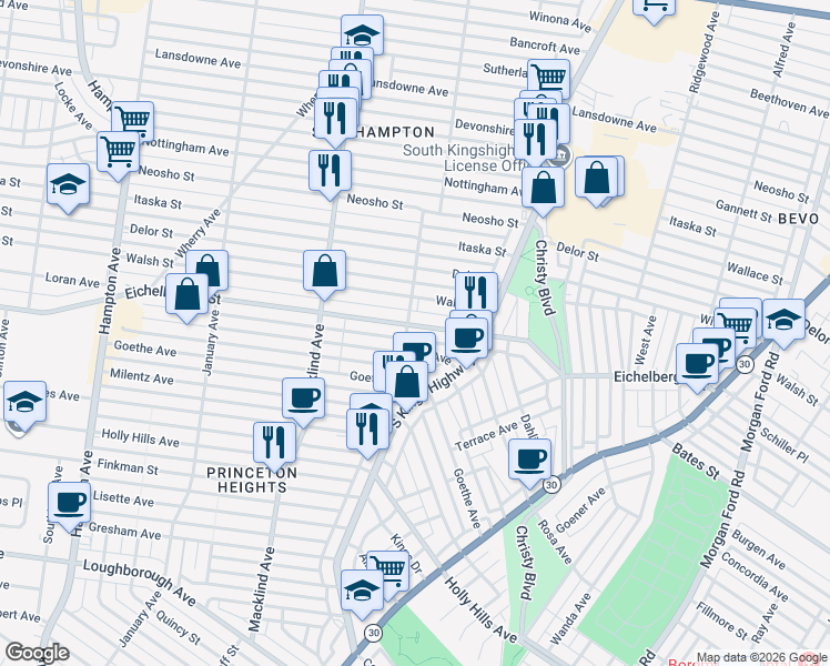 map of restaurants, bars, coffee shops, grocery stores, and more near 4966 Eichelberger Street in St. Louis