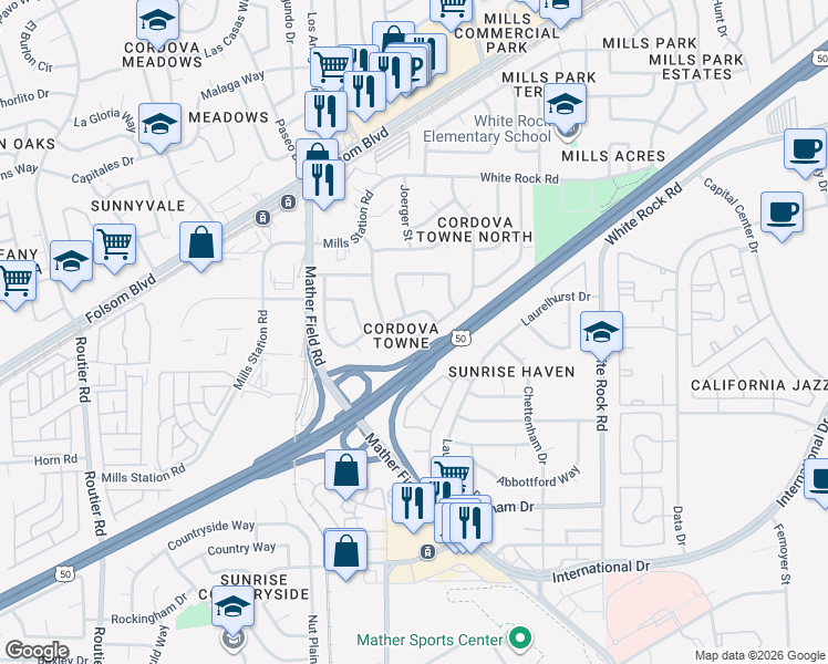map of restaurants, bars, coffee shops, grocery stores, and more near 3079 Ramsgate Way in Rancho Cordova