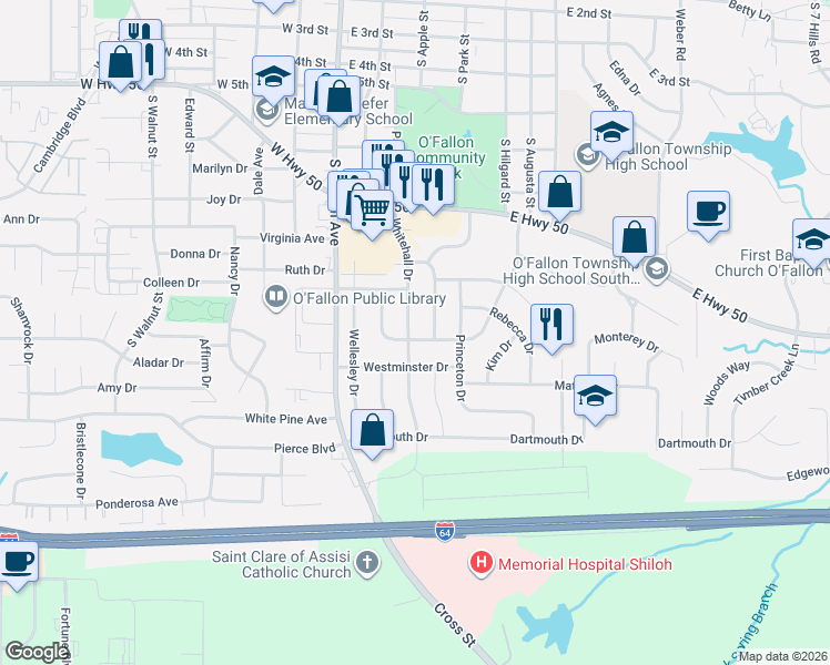 map of restaurants, bars, coffee shops, grocery stores, and more near 207 Whitehall Drive in O'Fallon