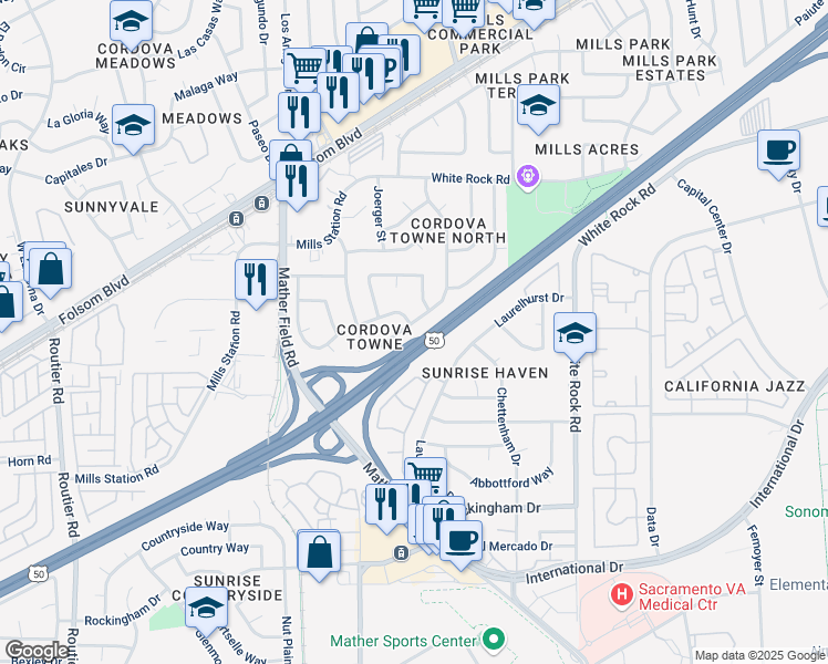 map of restaurants, bars, coffee shops, grocery stores, and more near 3079 Ramsgate Way in Rancho Cordova