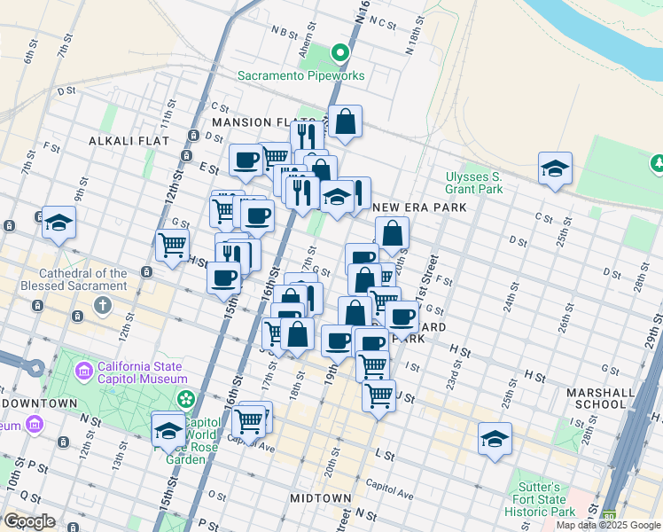 map of restaurants, bars, coffee shops, grocery stores, and more near 1729 G Street in Sacramento