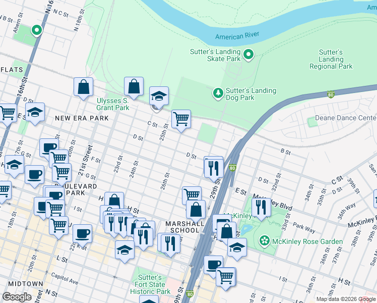 map of restaurants, bars, coffee shops, grocery stores, and more near 317 26th Street in Sacramento