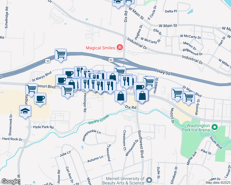 map of restaurants, bars, coffee shops, grocery stores, and more near 2006 Missouri Boulevard in Jefferson City