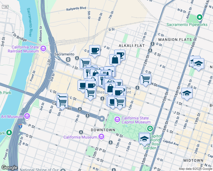 map of restaurants, bars, coffee shops, grocery stores, and more near 980 9th Street in Sacramento
