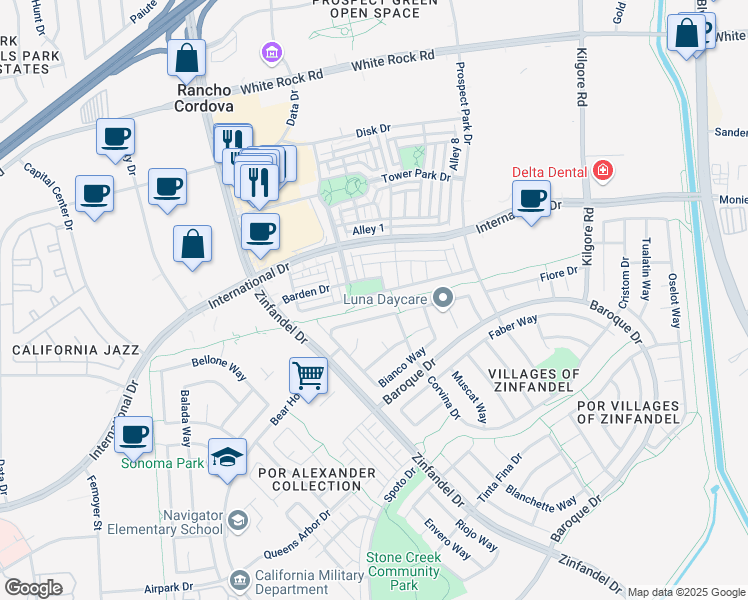 map of restaurants, bars, coffee shops, grocery stores, and more near 10900 Barden Drive in Rancho Cordova