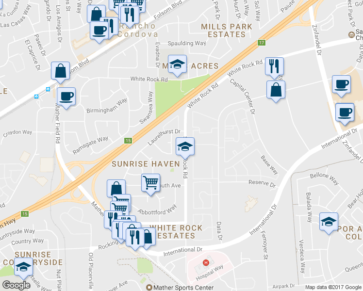 map of restaurants, bars, coffee shops, grocery stores, and more near 10399 South White Rock Road in Rancho Cordova