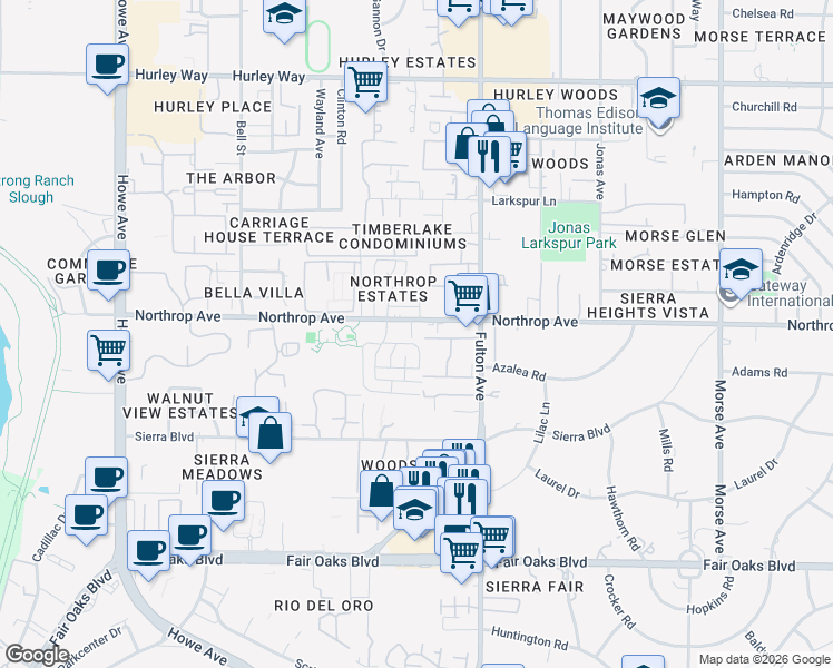 map of restaurants, bars, coffee shops, grocery stores, and more near 2492 Northrop Avenue in Sacramento