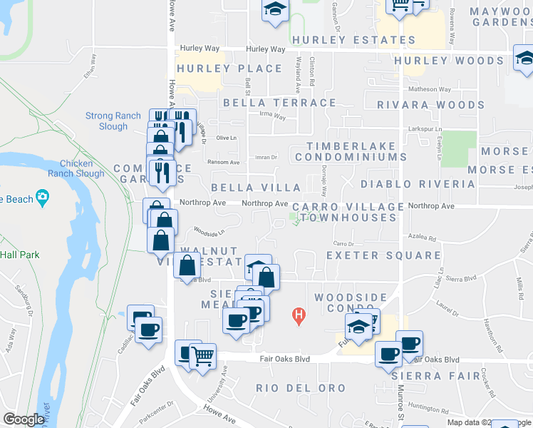 map of restaurants, bars, coffee shops, grocery stores, and more near 899 Woodside Lane East in Sacramento
