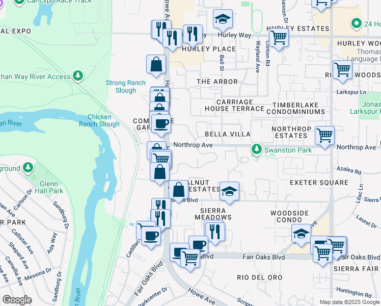 map of restaurants, bars, coffee shops, grocery stores, and more near 2251 Northrop Avenue in Sacramento