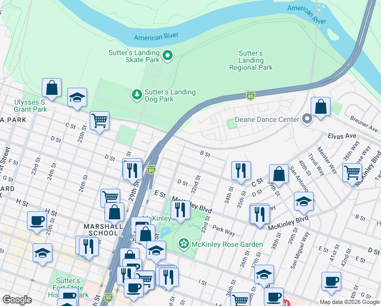 map of restaurants, bars, coffee shops, grocery stores, and more near 3107 B Street in Sacramento