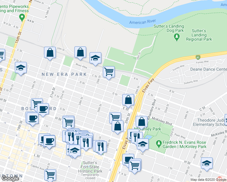 map of restaurants, bars, coffee shops, grocery stores, and more near 317 26th Street in Sacramento