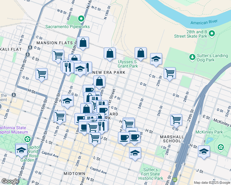 map of restaurants, bars, coffee shops, grocery stores, and more near 507 21st Street in Sacramento
