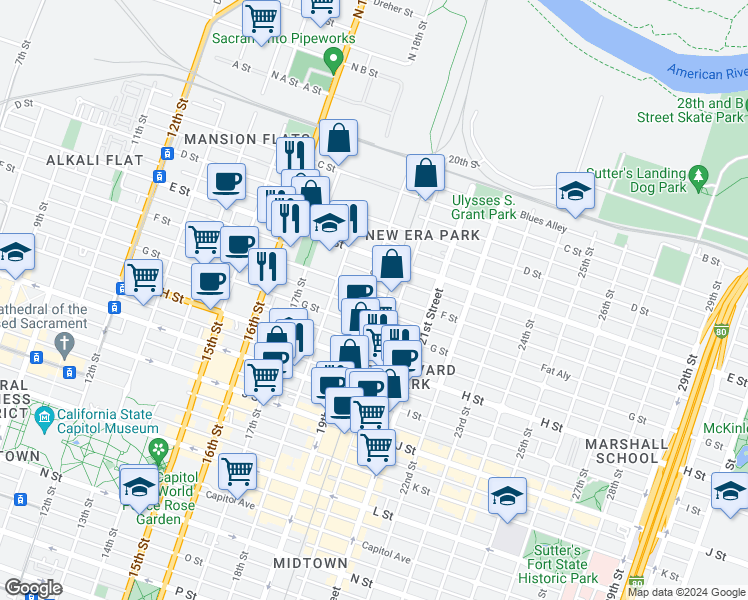 map of restaurants, bars, coffee shops, grocery stores, and more near 1903 F Street in Sacramento