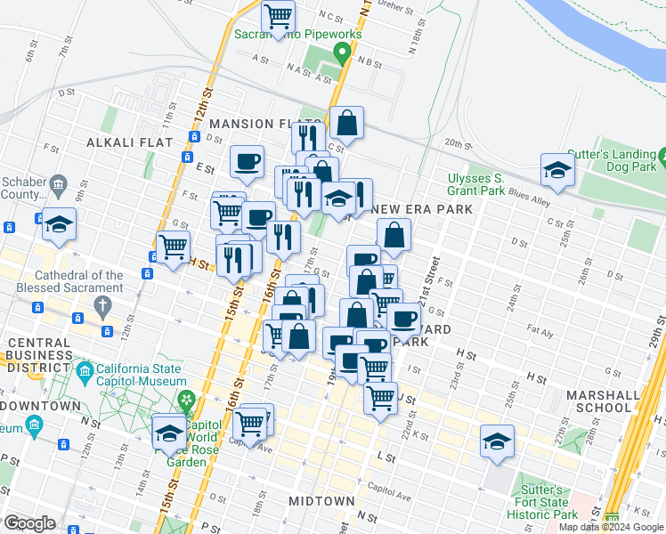 map of restaurants, bars, coffee shops, grocery stores, and more near 617 17th Street in Sacramento