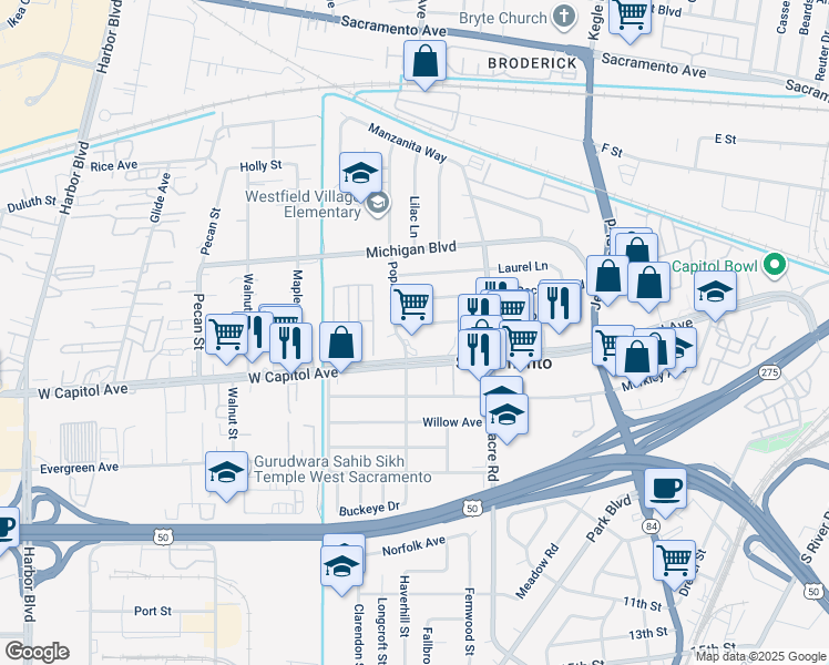 map of restaurants, bars, coffee shops, grocery stores, and more near 1812 Madrone Avenue in West Sacramento