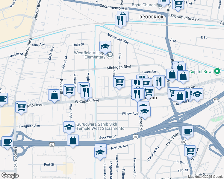 map of restaurants, bars, coffee shops, grocery stores, and more near 618 Poplar Avenue in West Sacramento