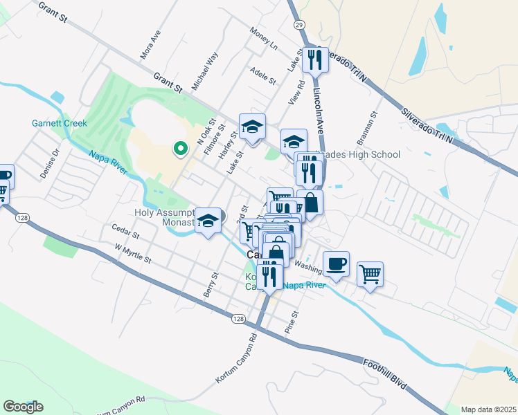 map of restaurants, bars, coffee shops, grocery stores, and more near 1502 Park Street in Calistoga