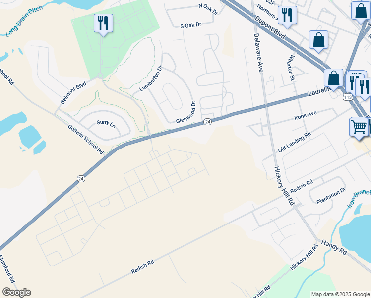 map of restaurants, bars, coffee shops, grocery stores, and more near 29589 Millsboro Highway in Millsboro