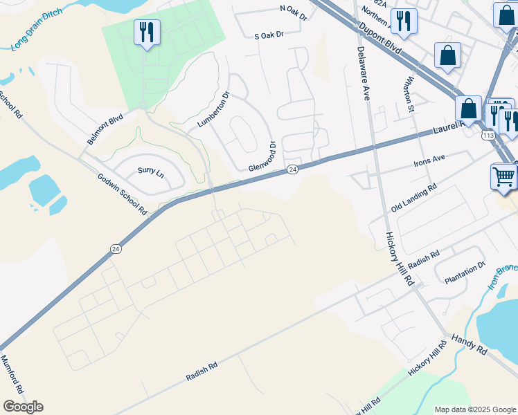 map of restaurants, bars, coffee shops, grocery stores, and more near 29589 Millsboro Highway in Millsboro