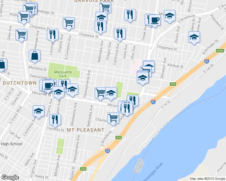 map of restaurants, bars, coffee shops, grocery stores, and more near 4056 California Avenue in St. Louis