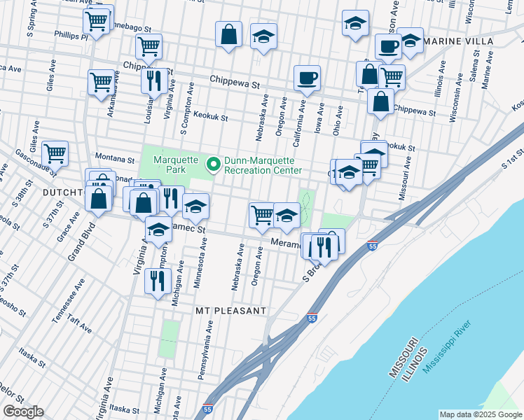 map of restaurants, bars, coffee shops, grocery stores, and more near 2833 Gasconade Street in St. Louis