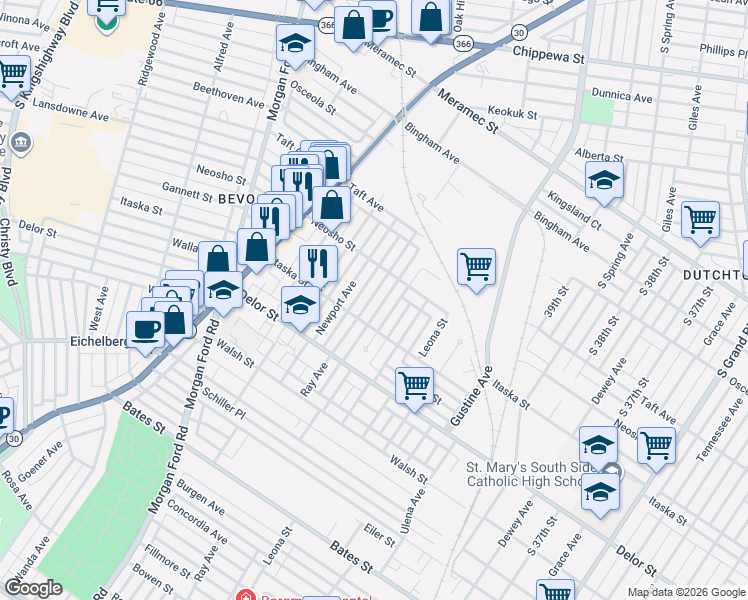 map of restaurants, bars, coffee shops, grocery stores, and more near 4627 Ray Avenue in St. Louis