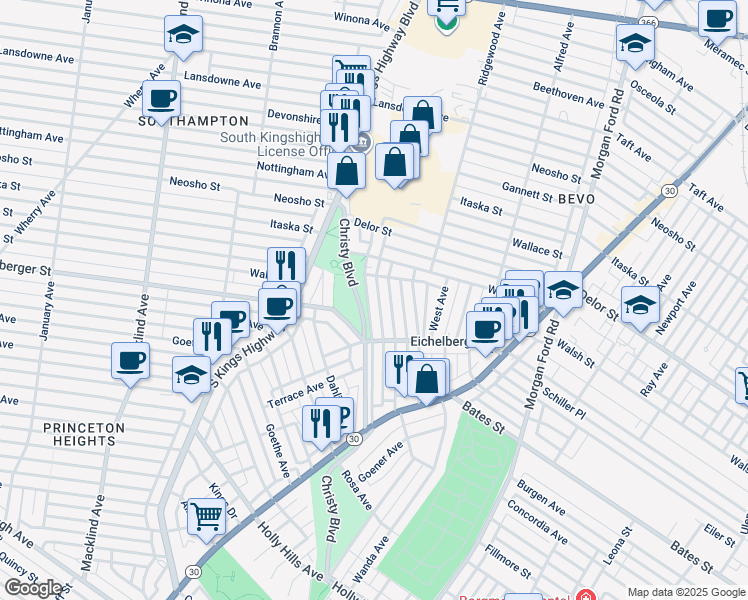 map of restaurants, bars, coffee shops, grocery stores, and more near 5114 Christy Avenue in St. Louis