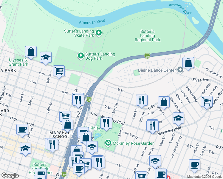 map of restaurants, bars, coffee shops, grocery stores, and more near 3107 B Street in Sacramento