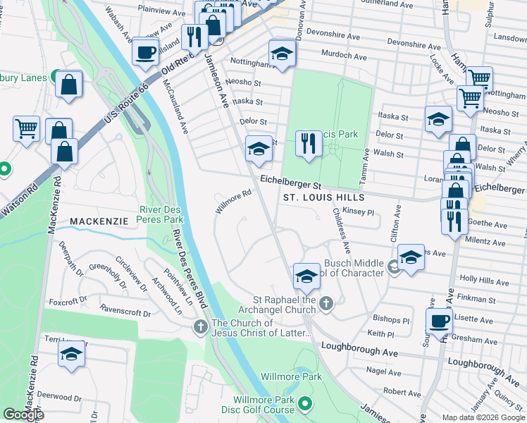 map of restaurants, bars, coffee shops, grocery stores, and more near 5517 Jamieson Avenue in St. Louis