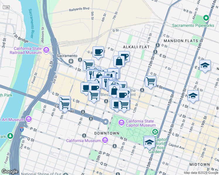 map of restaurants, bars, coffee shops, grocery stores, and more near in Sacramento