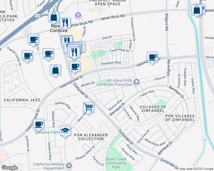 map of restaurants, bars, coffee shops, grocery stores, and more near 10900 Barden Drive in Rancho Cordova