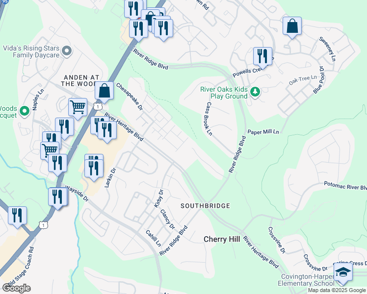 map of restaurants, bars, coffee shops, grocery stores, and more near 17029 Gibson Mill Road in Dumfries