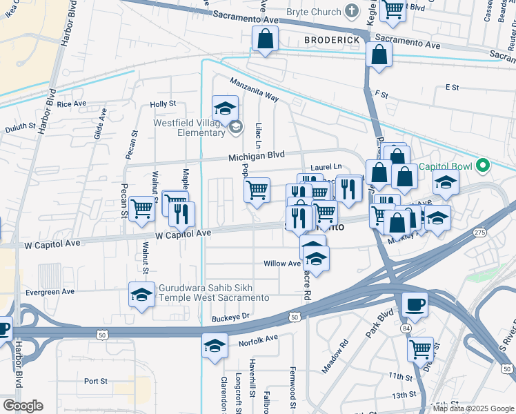 map of restaurants, bars, coffee shops, grocery stores, and more near 1812 Madrone Avenue in West Sacramento