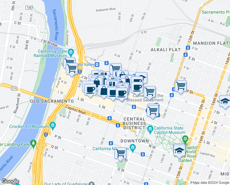 map of restaurants, bars, coffee shops, grocery stores, and more near 660 J Street in Sacramento