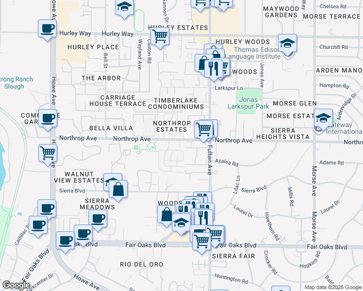 map of restaurants, bars, coffee shops, grocery stores, and more near 2492 Northrop Avenue in Sacramento