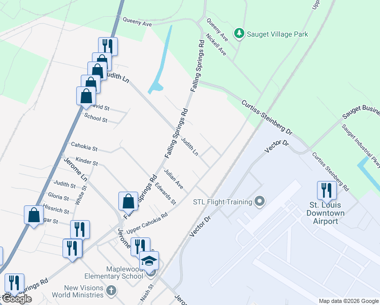 map of restaurants, bars, coffee shops, grocery stores, and more near 210 Judith Lane in Cahokia