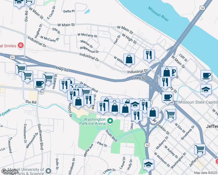 map of restaurants, bars, coffee shops, grocery stores, and more near 1206 Saint Marys Boulevard in Jefferson City