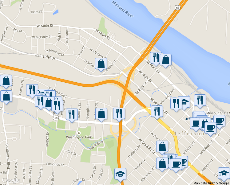 map of restaurants, bars, coffee shops, grocery stores, and more near 801 Armory Drive in Jefferson City