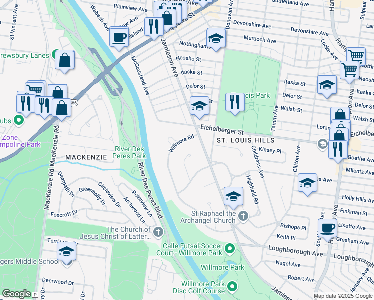 map of restaurants, bars, coffee shops, grocery stores, and more near 10 Willmore Road in St. Louis