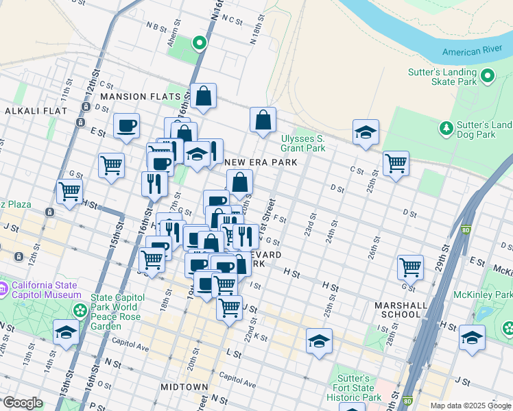 map of restaurants, bars, coffee shops, grocery stores, and more near 517 20th Street in Sacramento