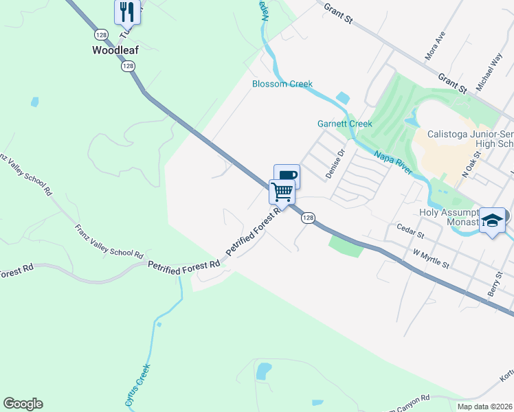 map of restaurants, bars, coffee shops, grocery stores, and more near 919 Highland Court in Calistoga