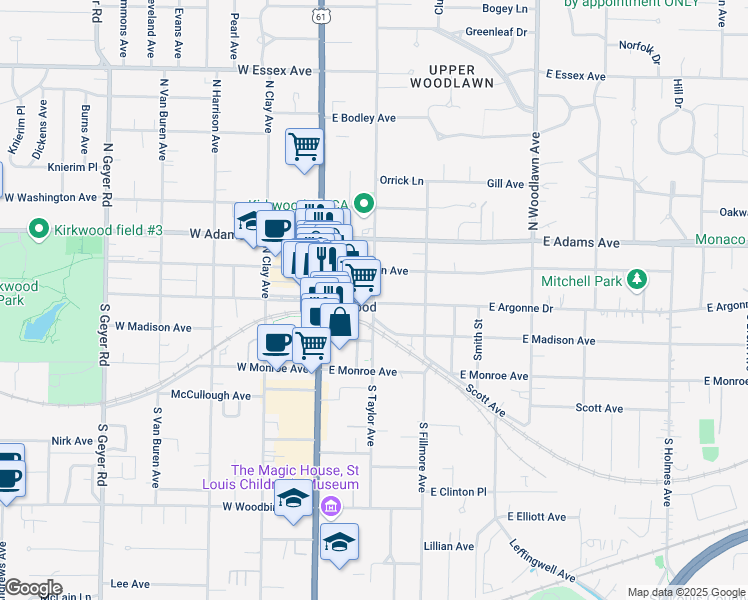 map of restaurants, bars, coffee shops, grocery stores, and more near 108 North Taylor Avenue in Kirkwood