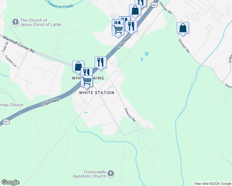 map of restaurants, bars, coffee shops, grocery stores, and more near 10513 Deacon Road in White Plains